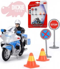 DICKIE Motocykl policie 10cm set řidič + 2 dopravní značky na kartě