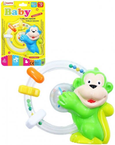 Baby chrastítko opice s kroužky a kuličkami pro miminko plast 2 barvy