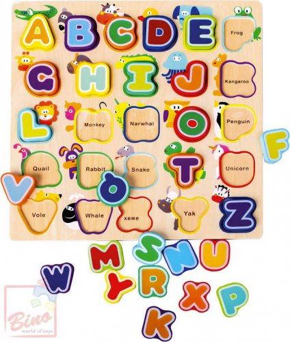 BINO DŘEVO Baby abeceda anglická se zvířátky vkládací písmenka na desce