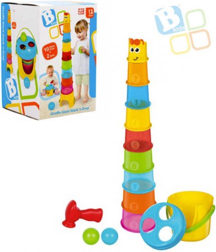 B-KIDS Baby maxi kelímky stohovací žirafa set s kladívkem a míčky