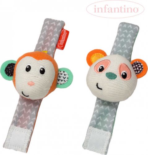 INFANTINO Baby Chrastítko textilní na ruku set 2ks opička a panda pro miminko
